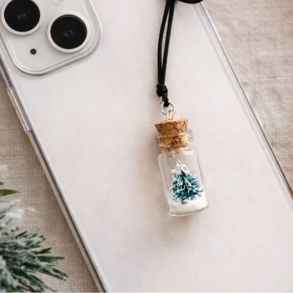 Artisan Winter Snow Tree Glass Bottle Phone Charm Bag Charm Woodland Christmas